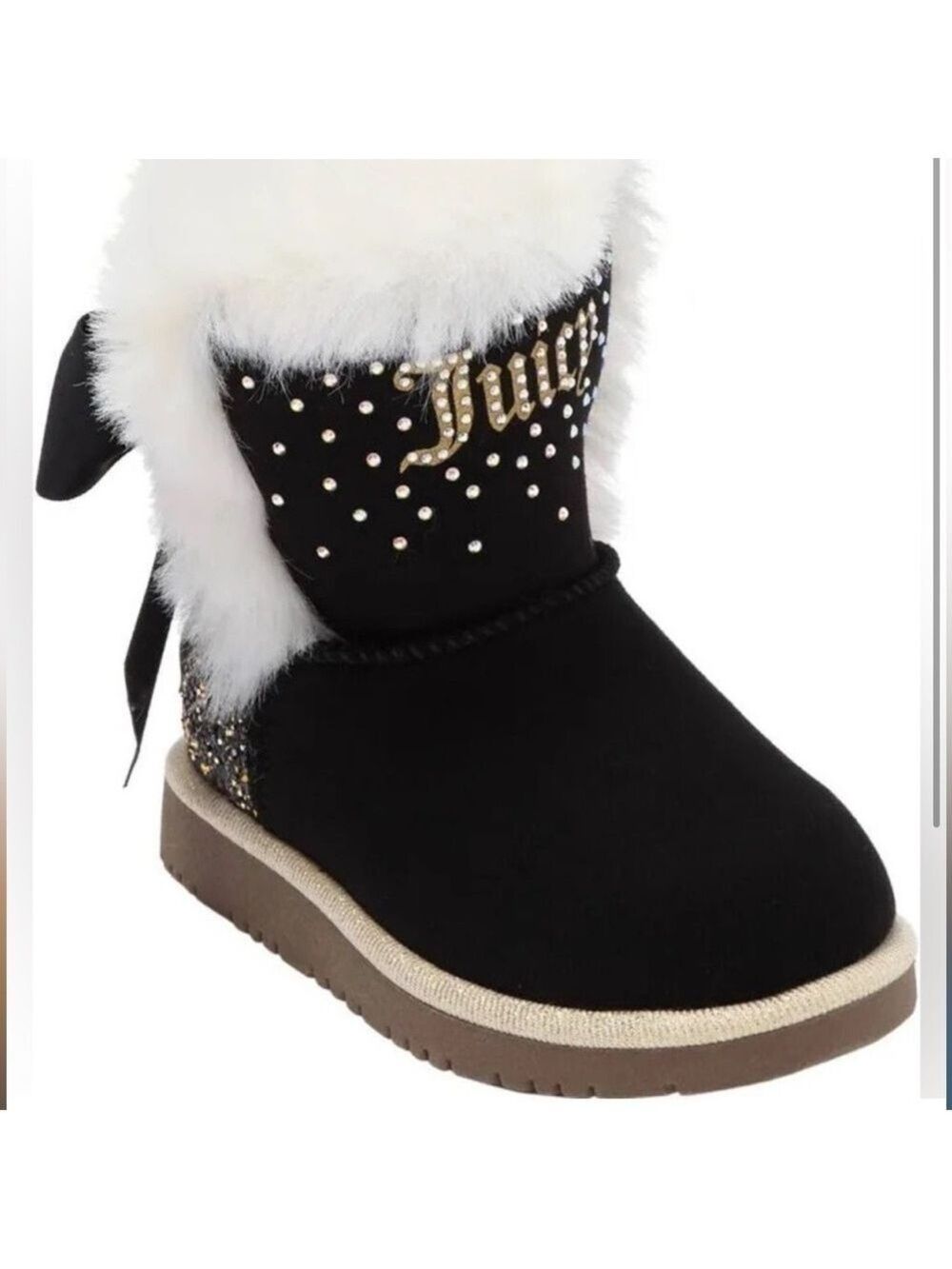 Juicy Couture Black Boots with White Fur and Gold Accents